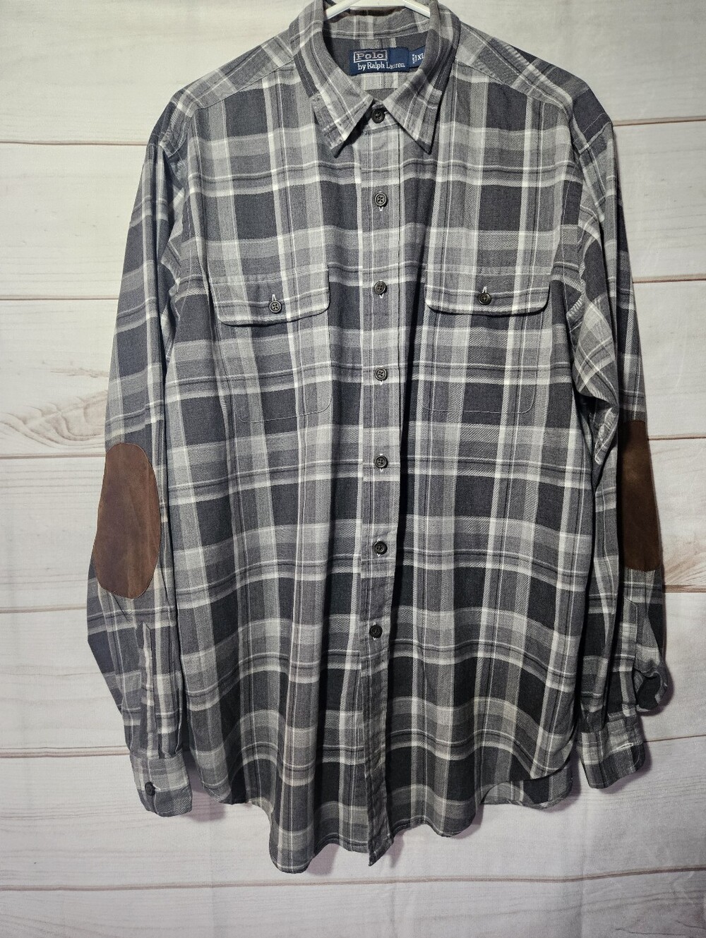 Polo Ralph Lauren Gray Plaid Flannel Shirt Suede Elbow Patches Men’s XL